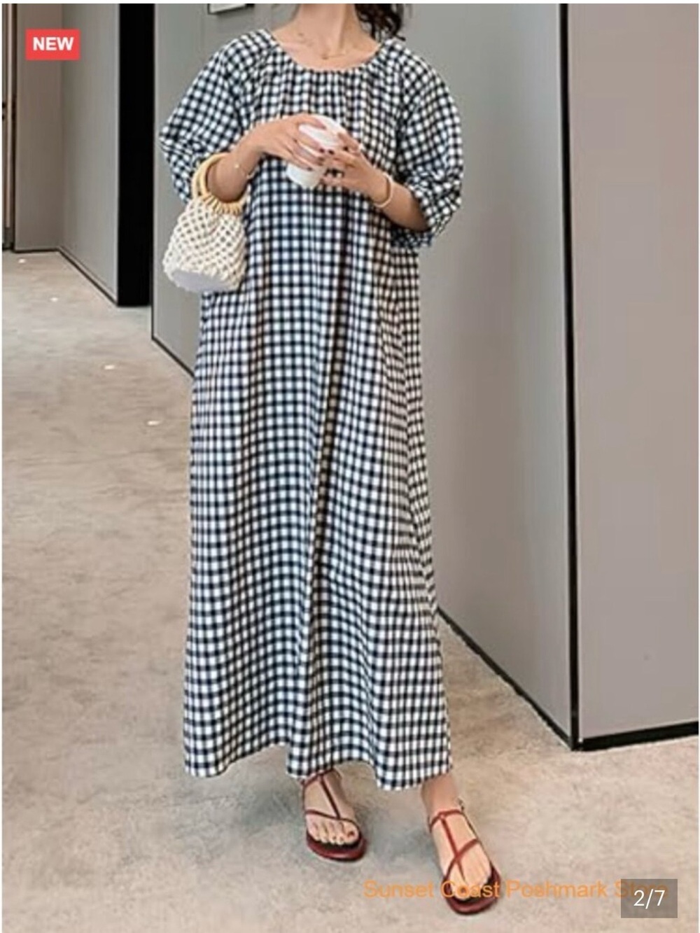 Women's Blue & White Gingham Midi Dress - Relaxed Puff Sleeve